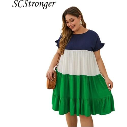 SCSTRONGER Summer Fashion Plus Size Womens Dress Spring And Summer Rayon Original Design Patchwork Skirt Plus Size Conjuntos