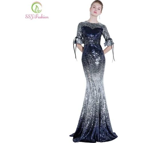 SSYFashion New Sexy Mermaid Evening Dress Half Sleeved Sequins Gradient Color Long Fishtail Prom Party Gown Formal Dresses
