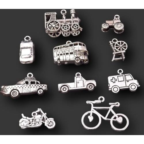 10pcs Mix Silver Plated Traffic Tools Charms Car Motorcycle Tractor Train Ambulance Necklace Pendants DIY Jewelry Crafts Making