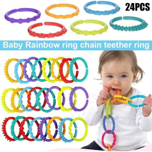 New 24pcs Children Kids Baby Teether Rainbow ABS Ring Links Infant Stroller Gym Play Mat Toys