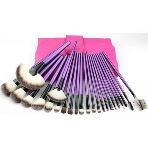 High quality soft synthetic hair purple wooden handle 24pcs makeup brush set with PU bag