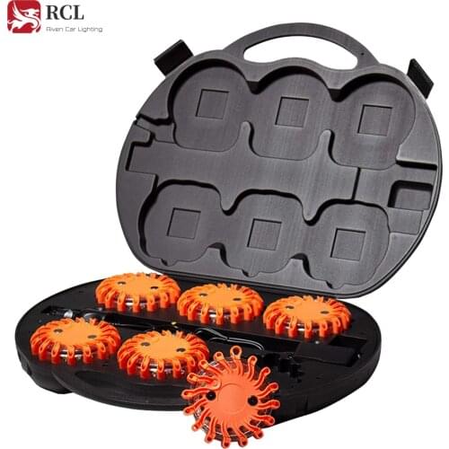 6 Pack of Rechargeable 16 LED Red Disc Warning Beacon Emergency Road Flares - Roadside Emergency Kit w/Charger & Carrying Case