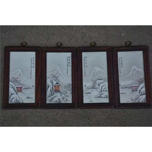 Antique QingDynasty Handmade porcelain brand painting,Snowing,4 pieces/pack,Hand-painted crafts,best collection& adornment