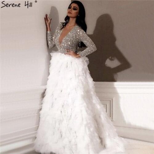 Dubai White Long Sleeves Luxury Evening Dresses 2020 V-Neck Sexy Sequined Tiered Evening Gowns Serene Hill LA6574