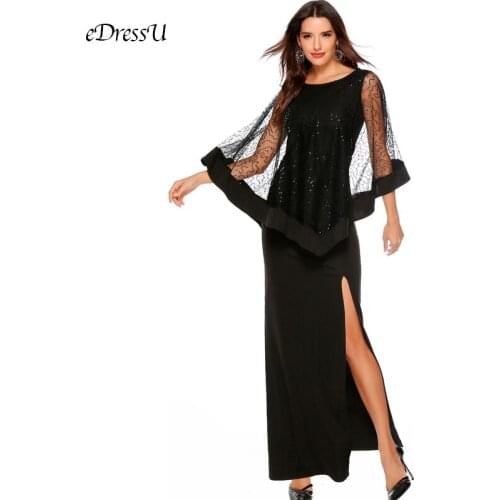 Glitter Cape Evening Dress Slit Sexy Women Long Dress Maxi Party Dress Elegant Vestido de Fiesta Robe Lady Dress YSM-5131