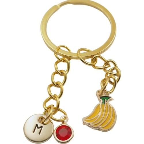 Banana Initial Letter Monogram Birthstone Keychains Keyring Gold Fashion Jewelry Women Gifts Christmas Accessories Pendants