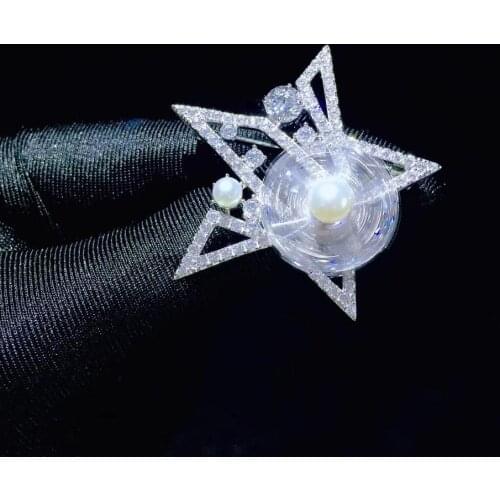Natural fresh water pearl brooch 925 sterling silver with cubic zircon five-pointed star brooch pins snow fine women jewelry