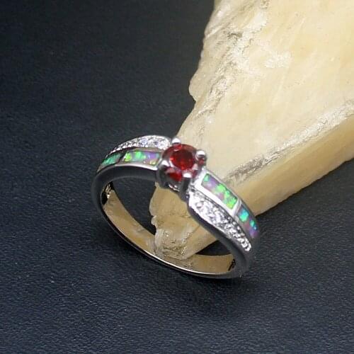 Hermosa Gemstone Rainbow Opal Red Garnet Genuine 925 Silver Band Ring Wedding Engagement Gifts for Women Size 8.5# 20214325