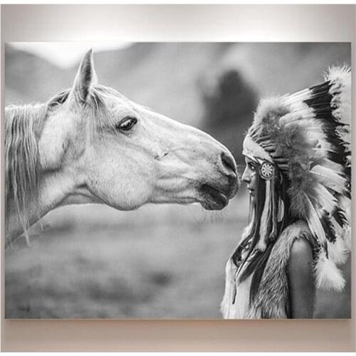 Full Square Round Mosaic Diamond Painting Black White horse and girl Diy Diamond Embroidery sale 5d Picture by number