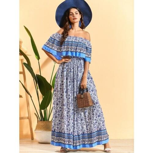 Fashion Women Printed Boho Dress Beach Torridity Strapless Long Maxi Dress