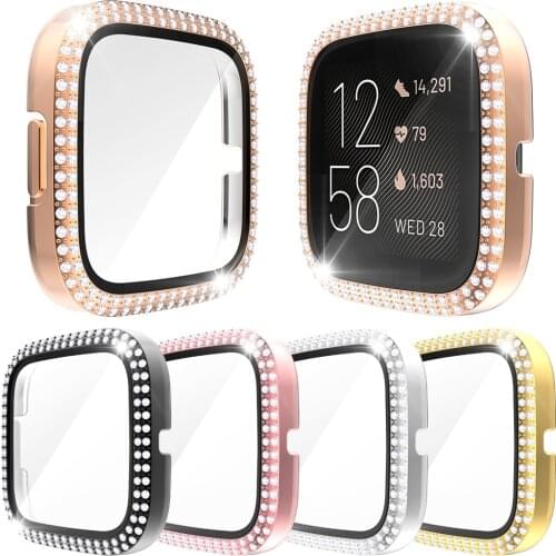 Fashion Women Diamond PC Cover for Fitbit Versa 2 3 Sense Watch Case Scratch-resistant Glass Film Bumper Screen Protector Shell