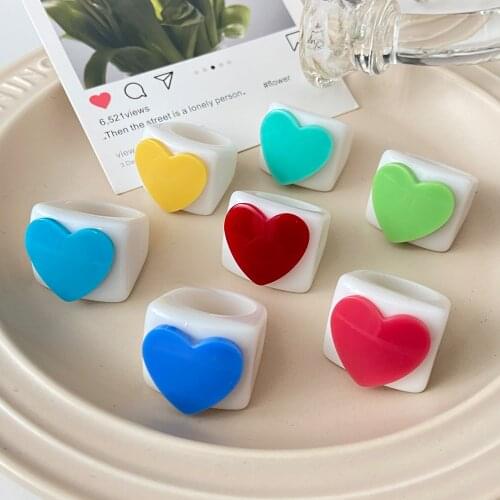 2021 Korean New Heart Rings for Women Cute Couple Gift Chunky Ring Colorful Enamel Jewelry Wholesale