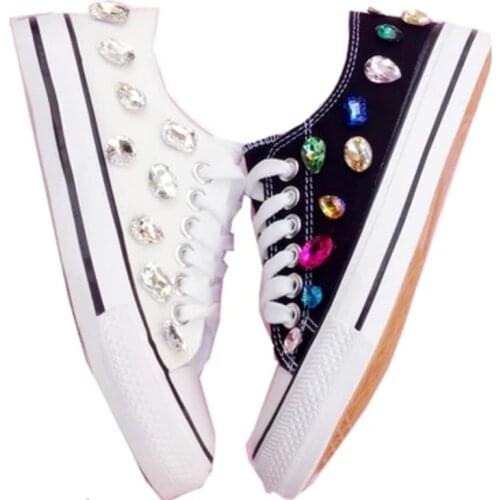 New fashion designer original handmade color diamond canvas shoes shallow mouth wild student classic white shoes