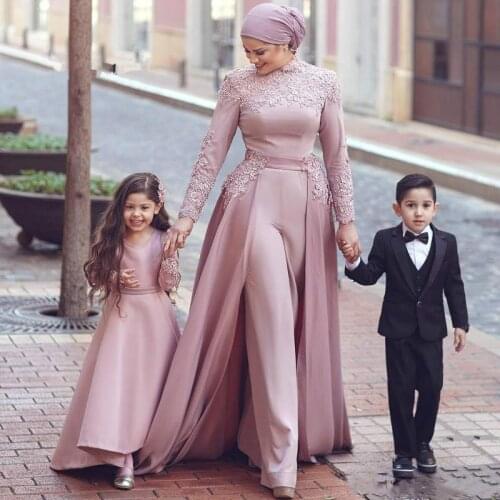 Dusty Pink Muslim Prom Jumpsuit with Detachable Train 2020 High Neck Lace Chiffon Long Sleeve Arabic Dubai Evening Pant Suit