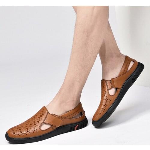 FIXSYS Arrive Man Casual Shoes Summer Hollow Breathable Loafers Outdoor Fashion Men Sandals Leather Driving Shoes Male Slides