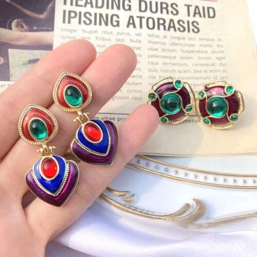 Vintage retro Atlantic enamel drip stud earrings empty court French gem color silver earrings temperament girl