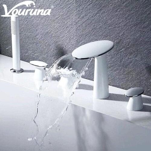 Vouruna White 5 Holes Deck mounted Bathtub Faucet Shower Mixer Tap Bathing Tub Trim Filler