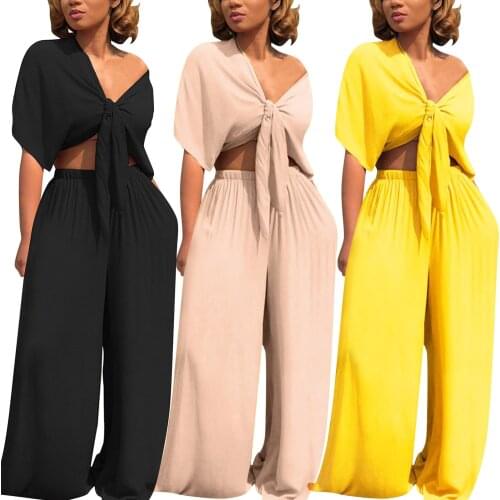 2 Pcs Suit Tracksuit Sets Womens Outfits Bowknot Solid Short Sleeve Tops + Loose Wide Leg Pants Ropa Mujer Female Suit Подходить