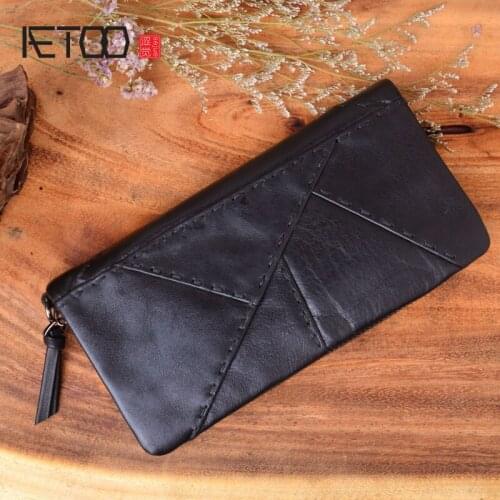 AETOO Hand bag mens leather handmade long stitching wallet zipper mens leather mobile phone bag casual clutch