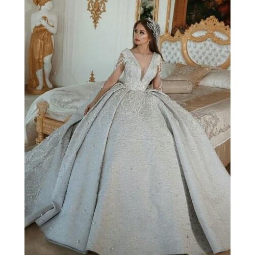 African Beads Wedding Dress 2020 V Neck Lace Appliques Long Sleeve Ball Gown Bridal Gowns Sweep Train robes de mariée