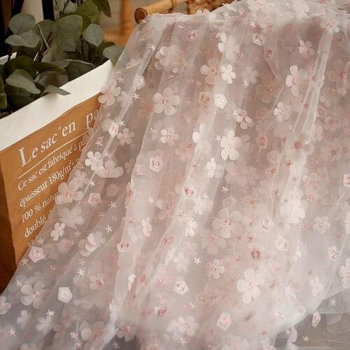 1 Meter 3D Full Blossom Flower Tulle Lace Fabric in Blush Off White , Soft Tulle Wedding Gown Bridal Dress Prom Dress Fabric