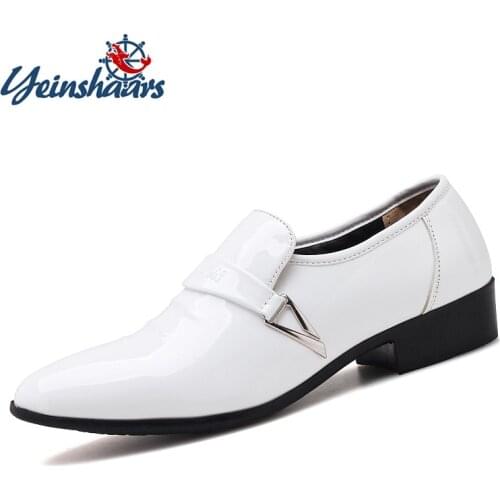 YEINSHAARS Design Mens Patent Leather Shoes White Black Formal Men Dress Shoe For Wedding Party Buckle Business Oxfords