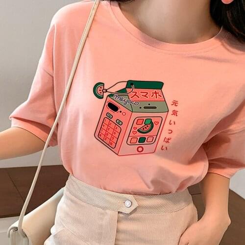 Summer Korean Harajuku top tee Pink Girl Kawaii Cartoon letter print Short sleeve dropshipping vintage vegan punk women tshirt