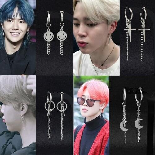 SOHOT Korean Design Tassel Chain Bar Pendant Women Man Drop Earrings Silver Color Cross Smile Face Disc Round Unisex Jewelry