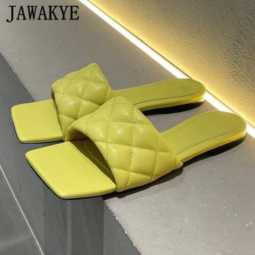 Multicolor Women Dress Slippers Square Open Toe Grid Leather Bread Flat Slides Designer New Comfort Outdoor Mules Summer Shoes