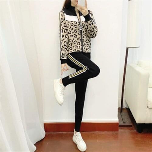 Tracksuit Women Leopard Knit Zip Cardigan Tops+Pants Suit 2PCS Sets Long Sleeve Jacket Coat Woman Casual Sweater Trousers Suits