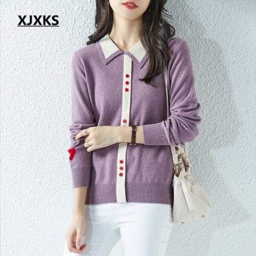 XJXKS Fashion lapel 100% pure wool knitted sweater women pullover 2021 spring autumn new casual women sweater