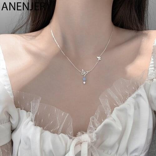 ANENJERY 925 Sterling Silver Blue Gradient Butterfly Necklace for Women Simple Choker Necklaces Jewelry Gift S-N718