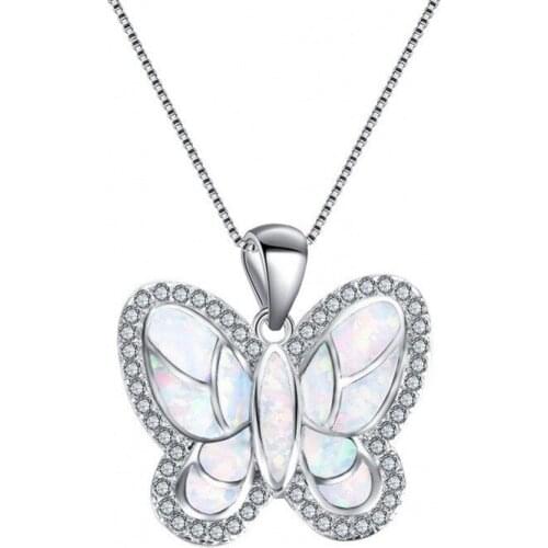 Fashion Silver Color Butterfly Pendant Choker Necklace Women White Imitation Opal Long Necklace Boho Animal Jewelry Best Selling