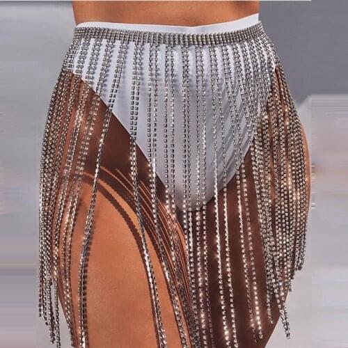 Golden Sliver Shiny Rhinestone Fringed Skirt Stage Nightclub Bar Dj Ds Lead Female Singer Dance GoGo Costume Waist Chain DWY2632