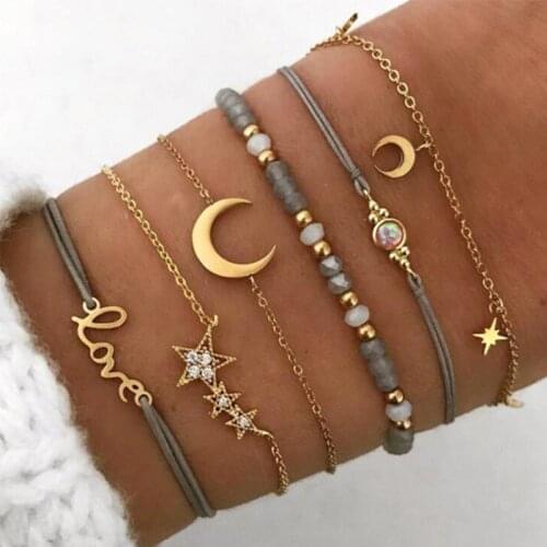 2021 Hot New 5pc/6Pcs/set Boho Moon Star Rope Chain Bracelet Set Crystal Bead Letter Love Adjustable Bracelets for Women Jewelry