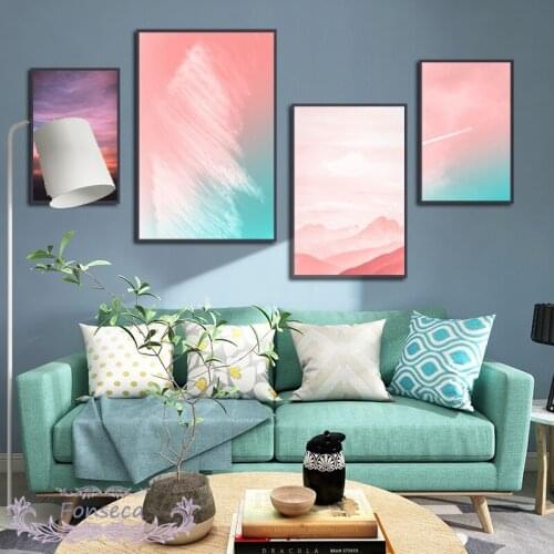 Abstract Pink Purple Nordic Landscape Canvas Poster Cloud Sky Mountain Wall Art Pictures Print Painting Aesthetic Room Decor