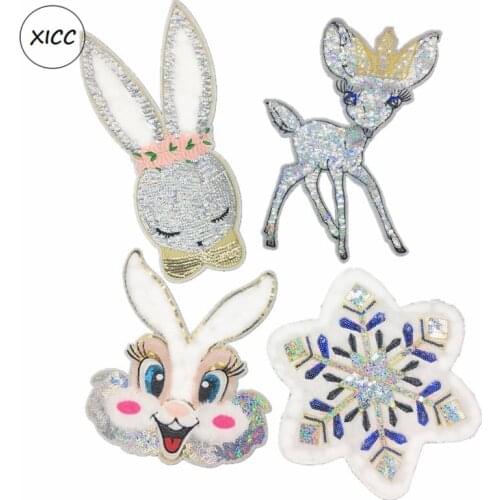 Diamond Crystal Gold Silver Glitter Sequin Patches Big Size Christmas Clothes Applique Fashion DIY Beautiful Deer Rabbit Sticker