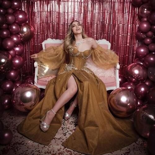 Champagne Split Maxi Prom Dresses 2020 Women Elegant Party Night Sleeveless Vestidos Gala Sexy Robes Tulle Sexy Evening Dress