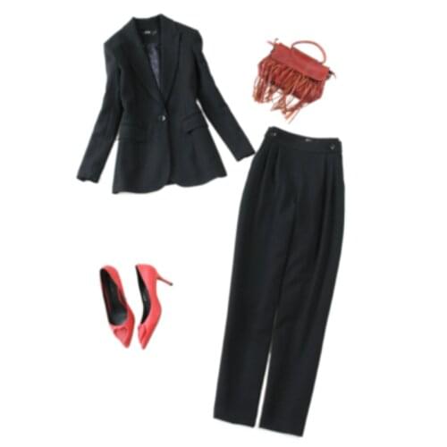 Black Lapel Lady Womens Suit Set Spring winter New high quality Slim Professional 2 Piece Set Suit Womens Pant suit women