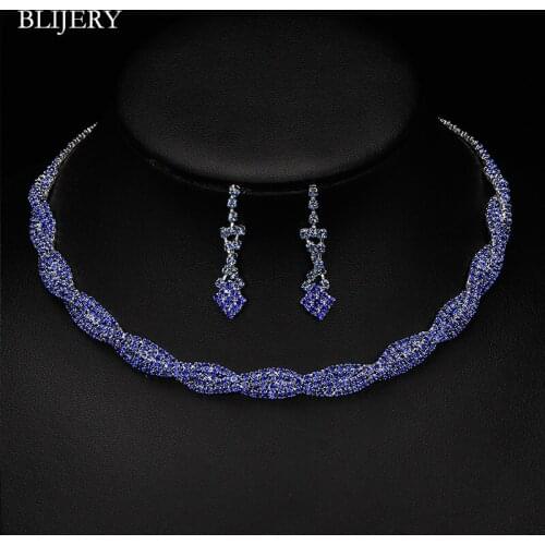 BLIJERY Royal Blue Rhinestone Crystal Party Wedding Jewelry Sets for Women Twisty Choker NECKLACE+EARRINGS Bridal Jewelry Sets