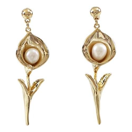 LANFLORA fashion lily flowers women pearl earrings copper alloy earrings cheap factory bulk wholesale price earrings