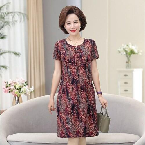 Middle-Aged Womens Summer Cotton Silk Dress Large Size Loose Mother Clothing Mid-Length Printing Casual O-Neck Vestidos Mujer