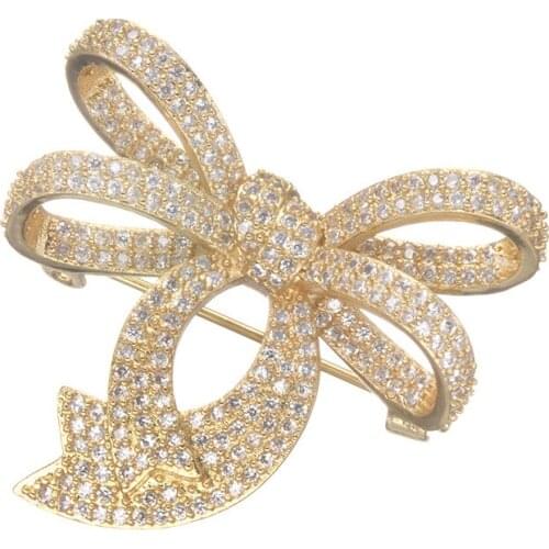 Copper micro-inlaid zircon color retaining bow three-dimensional womens clothing clothes pin diy handmade green brooch