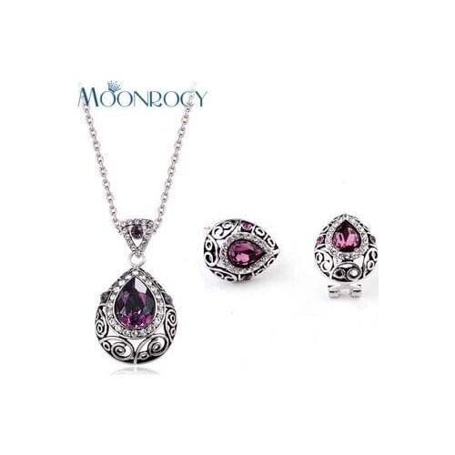 MOONROCY Free Shipping fashion Purple crystal necklace and earrings jewelry set Zirconia wholesale for woman Gift