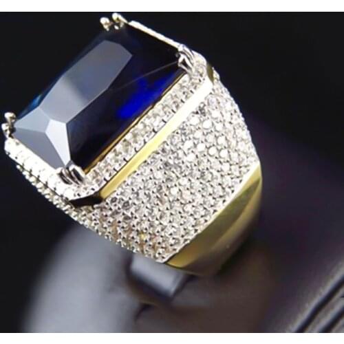 New Diary 2021 Gold Color Inlaid Rectangular Blue Zircon Mens Ring Wedding Party Male Rings Jewelry Hand Accessories Size 6-10