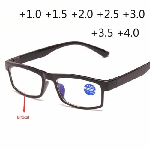 Fashion Square Reading Glasses Bifocal Far Near Anti Blue Light Magnification Eyewear Presbyopic Glasses Diopter +150 +200 +250