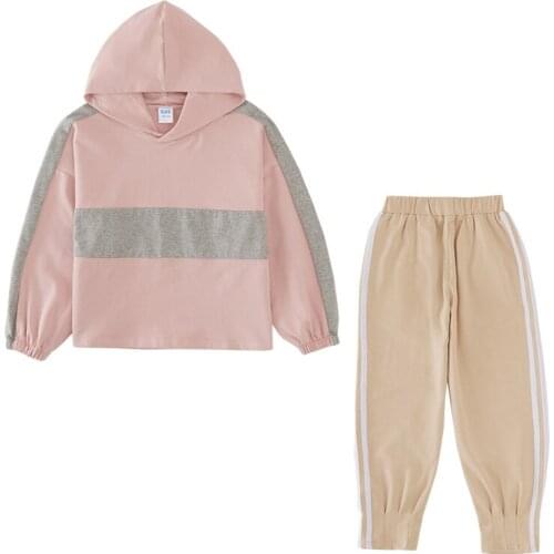 Girl autumn new casual suit Girls Long Sleeve T-Shirt Pants Two-Piece Set Girl stitching hooded sweater pants suit