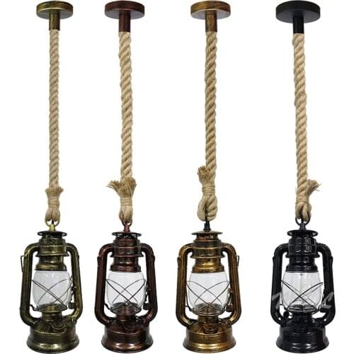 Retro Kerosene Lamp Hemp Rope Hanging Lamp Vintage Pendant Light for Living Room Dining Room Home Deco Kitchen Fixtures Oil Lamp