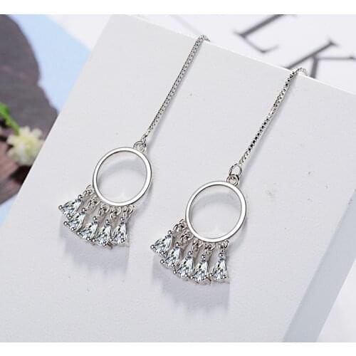 Luxury 925 Sterling Silver Geometric Dream Catcher AAA Zircon Drop Earrings for Women Long Tassel Jewelry brincos oorbellen