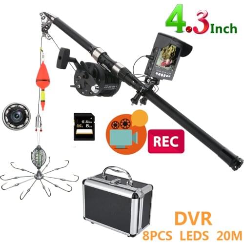 WAOTEWAN 4.3'' Color DVR Recorder Monitor Underwater Fishing Video Camera Kit 8 Pcs IR LED Lights with Explosion fishing hooks